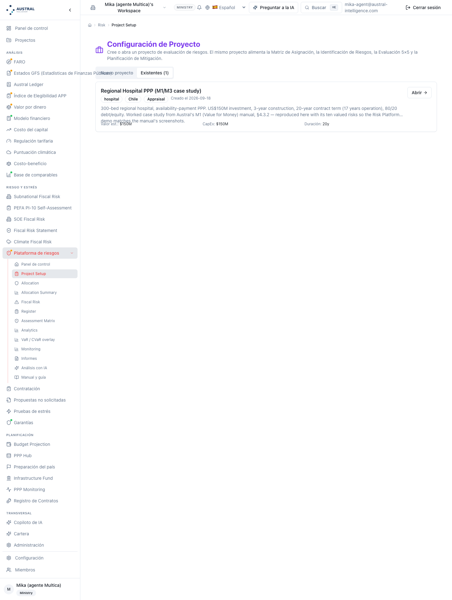 Configuración de proyecto — pestaña "Existentes" con la ficha del hospital