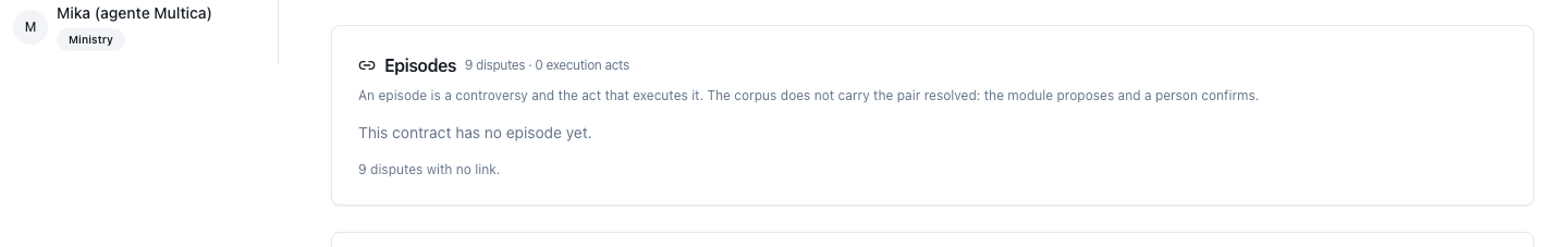 The file's episodes block, with the count of disputes carrying no linked executing act