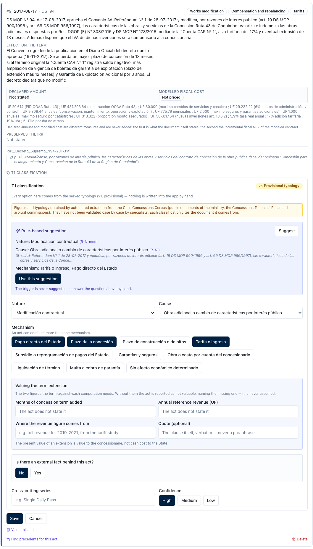 The rule-based suggestion box, showing the identifier of the rule that fired and the literal quote from the document
