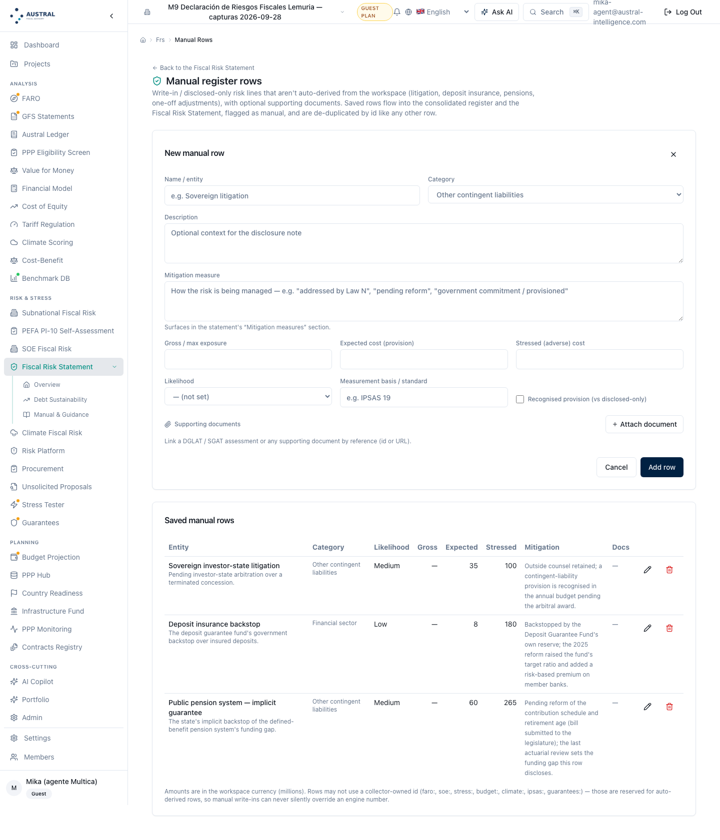Manual rows editor: the open form and the three seeded rows