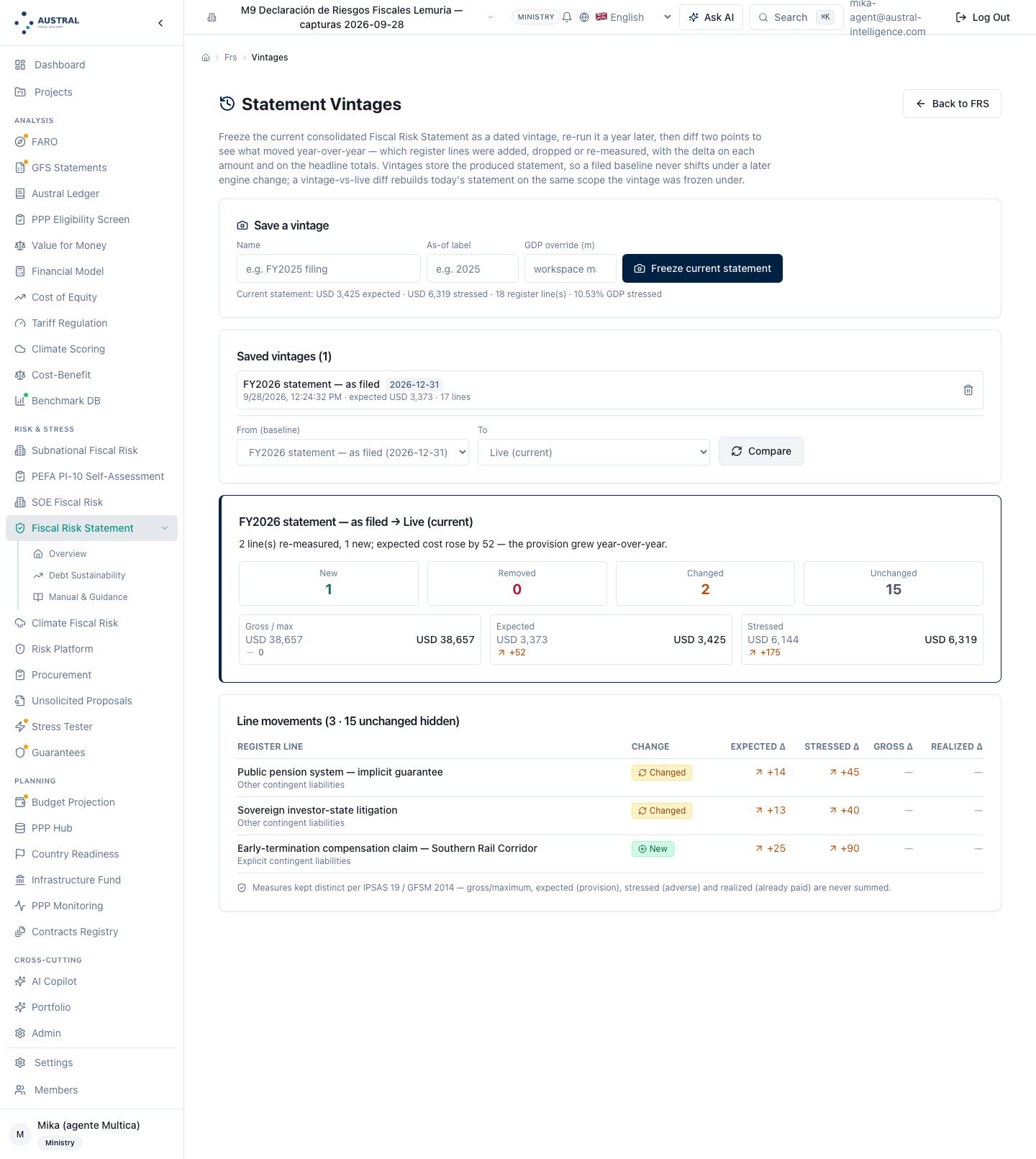 Vintages screen: the freeze block, the saved vintage and the line‑by‑line comparison against the live statement