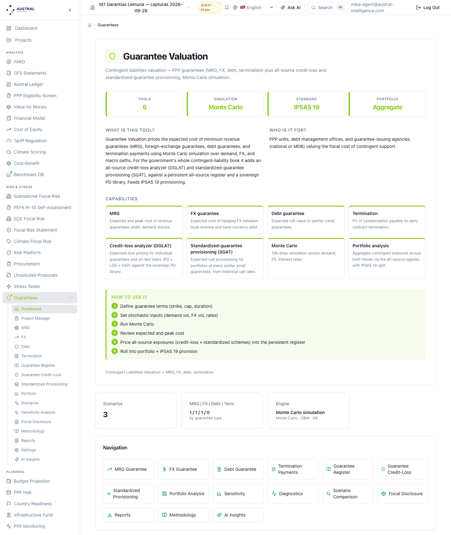 Guarantee Valuation module home page with the corrected card and the three all-source entries in the navigation