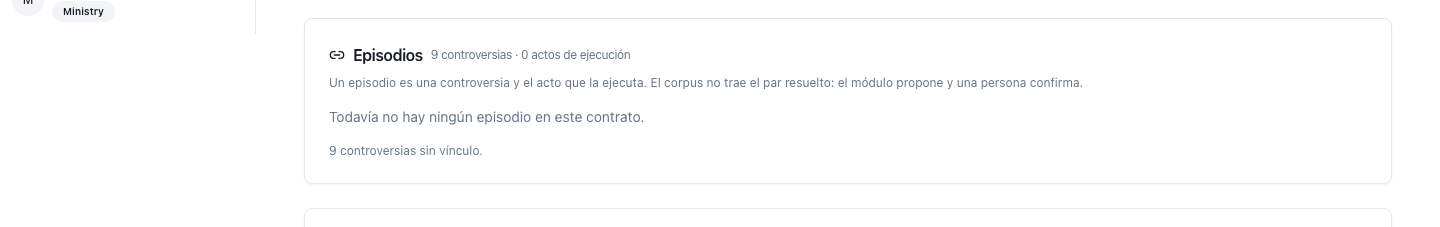 Bloque de episodios de la ficha, con el recuento de controversias sin acto de ejecución vinculado