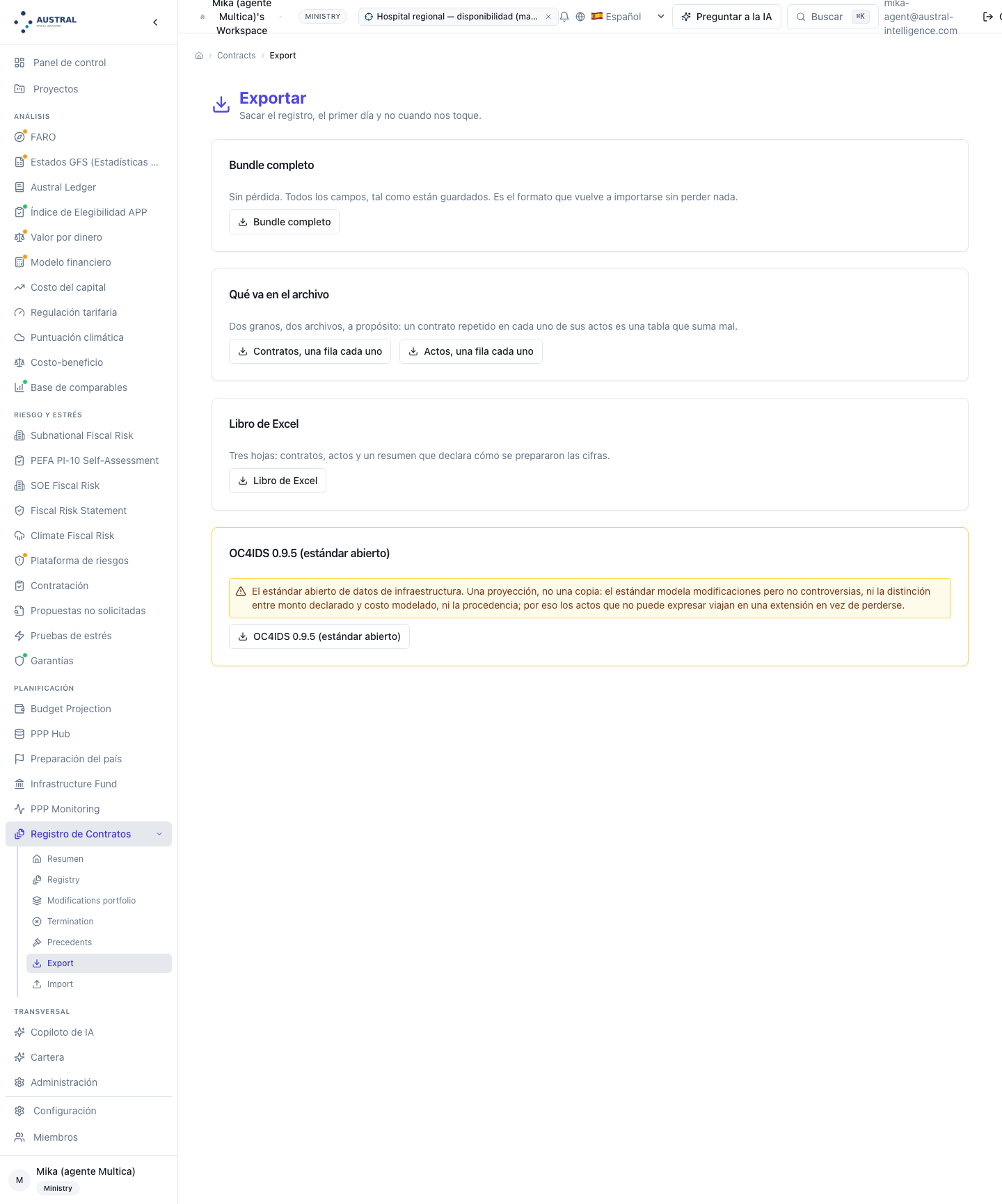 Pantalla de exportación del registro con sus cuatro salidas y el texto que declara qué pierde la norma abierta