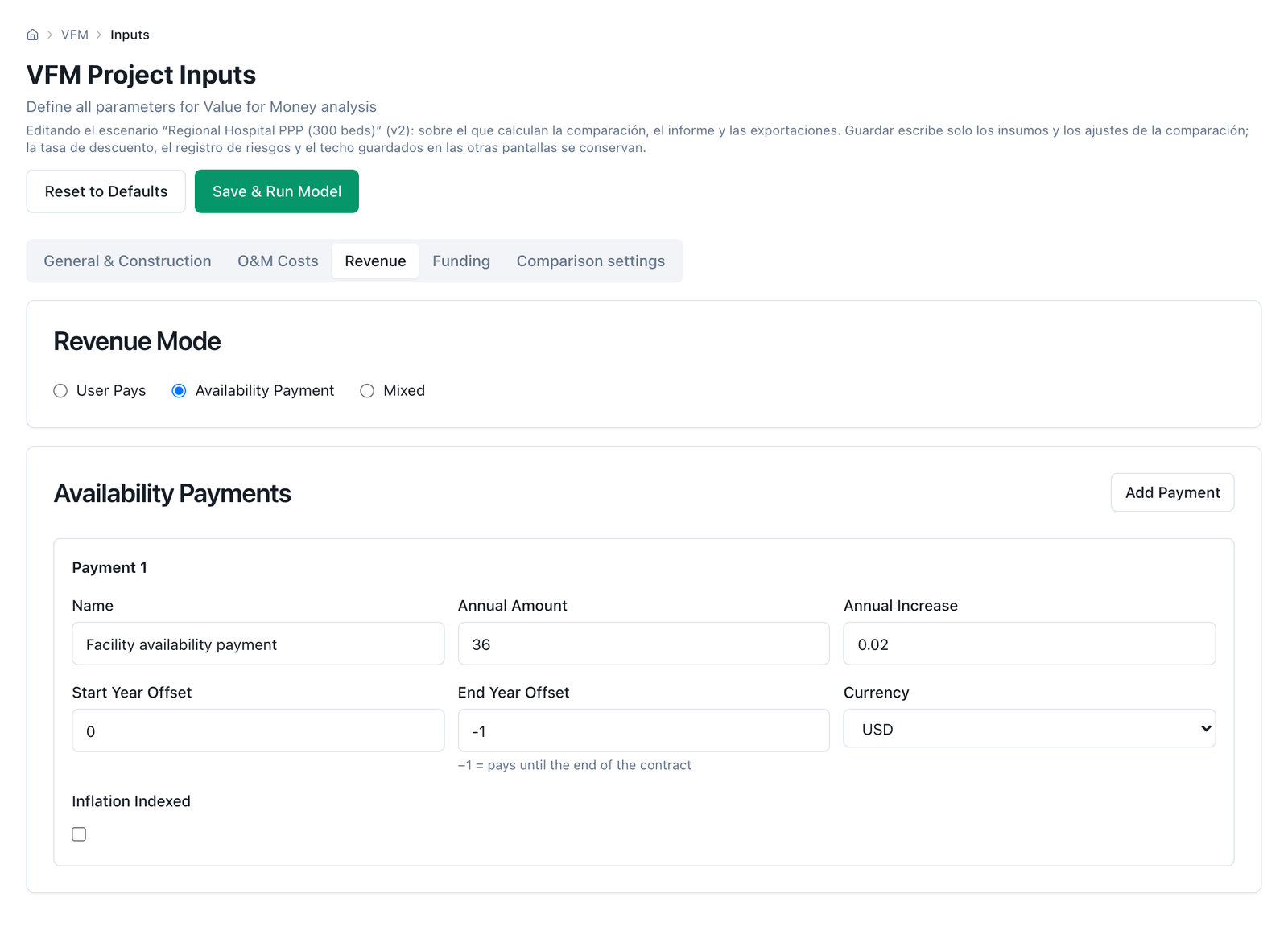 Intrants du projet — onglet des recettes en mode disponibilité, avec le paiement annuel et son indexation, et le contrôle du calendrier des travaux