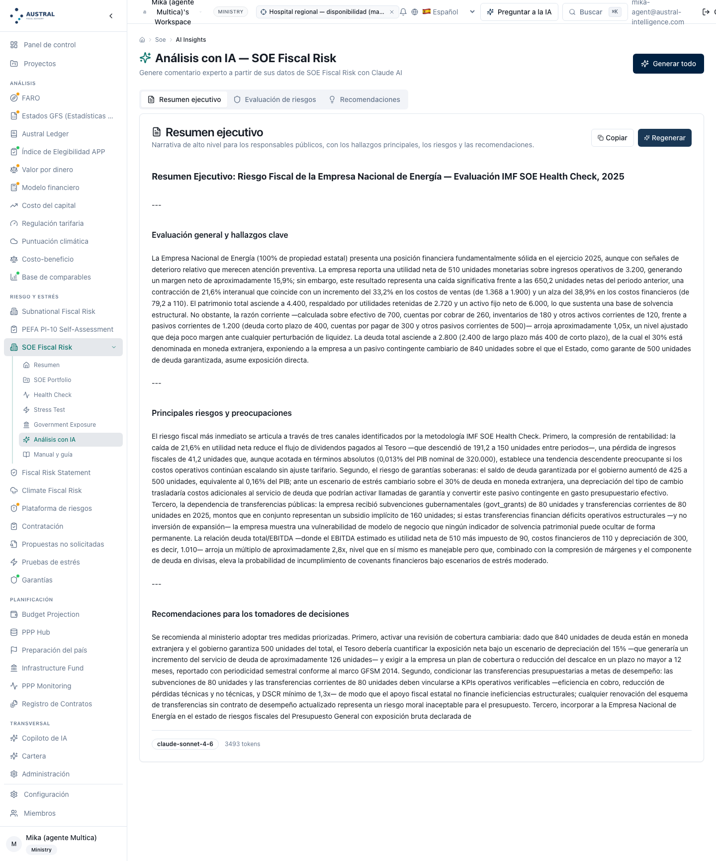 Resumen ejecutivo redactado por la capa de interpretación, con el modelo y el consumo declarados al pie. La pantalla no le pasa al modelo ninguna corrida del módulo: el texto habla de una sola empresa y sus cifras no son las del §4
