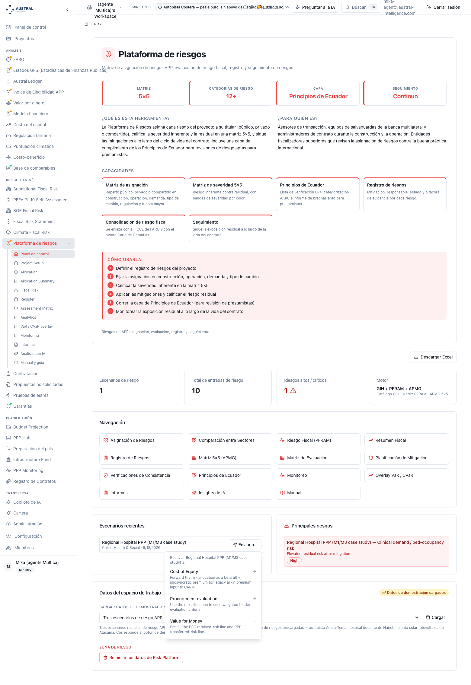 Risk Platform home with the "hospital" pack loaded — four figures, a fifteen‑tile grid, recent scenarios with "Send to" expanded and the workspace data card