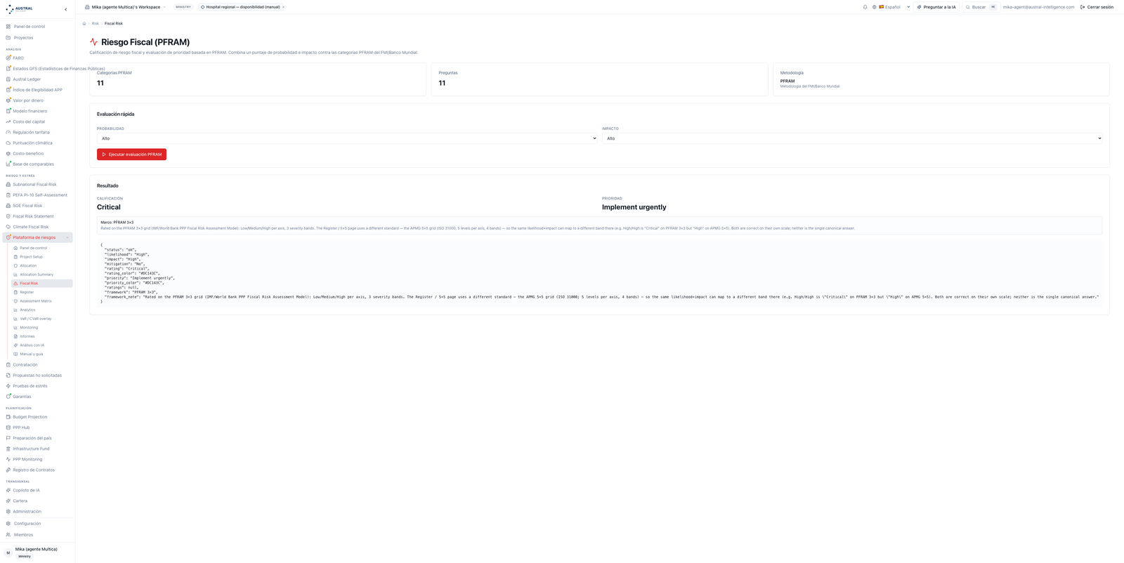 Fiscal risk — quick assessment high × high with the result and the PFRAM 3×3 framework name