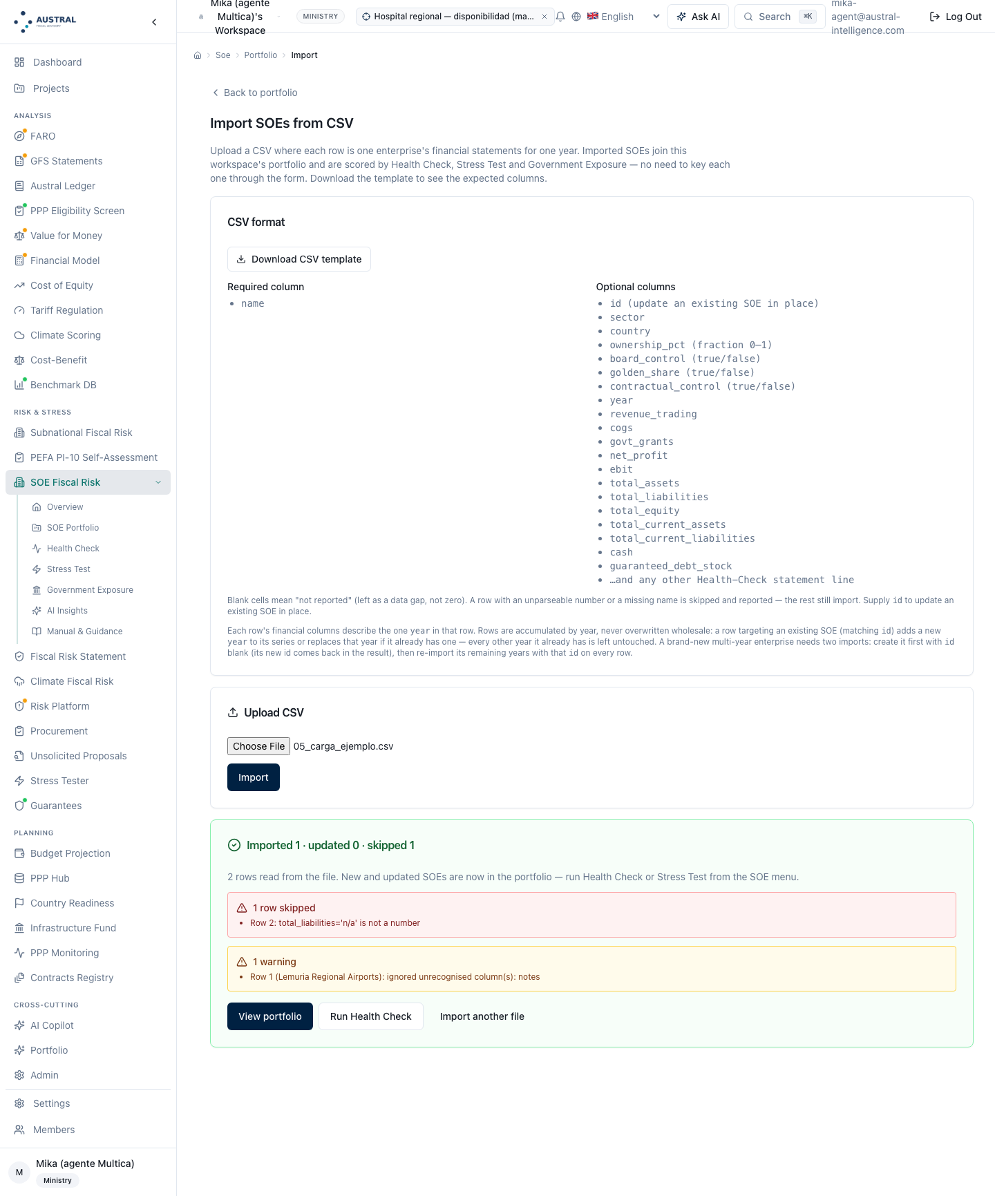CSV format reference and upload report — one row created, one skipped with its reason ("total_liabilities='n/a' is not a number") and a warning for the unrecognized "notes" column