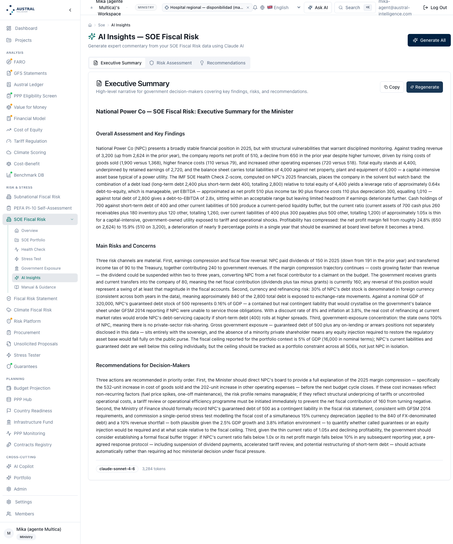 Executive summary drafted by the interpretation layer, model and token consumption declared at the foot. The screen does not hand the model any run of the module: the text speaks of a single enterprise, at a declared GDP of 320,000, with figures that are not the module's own