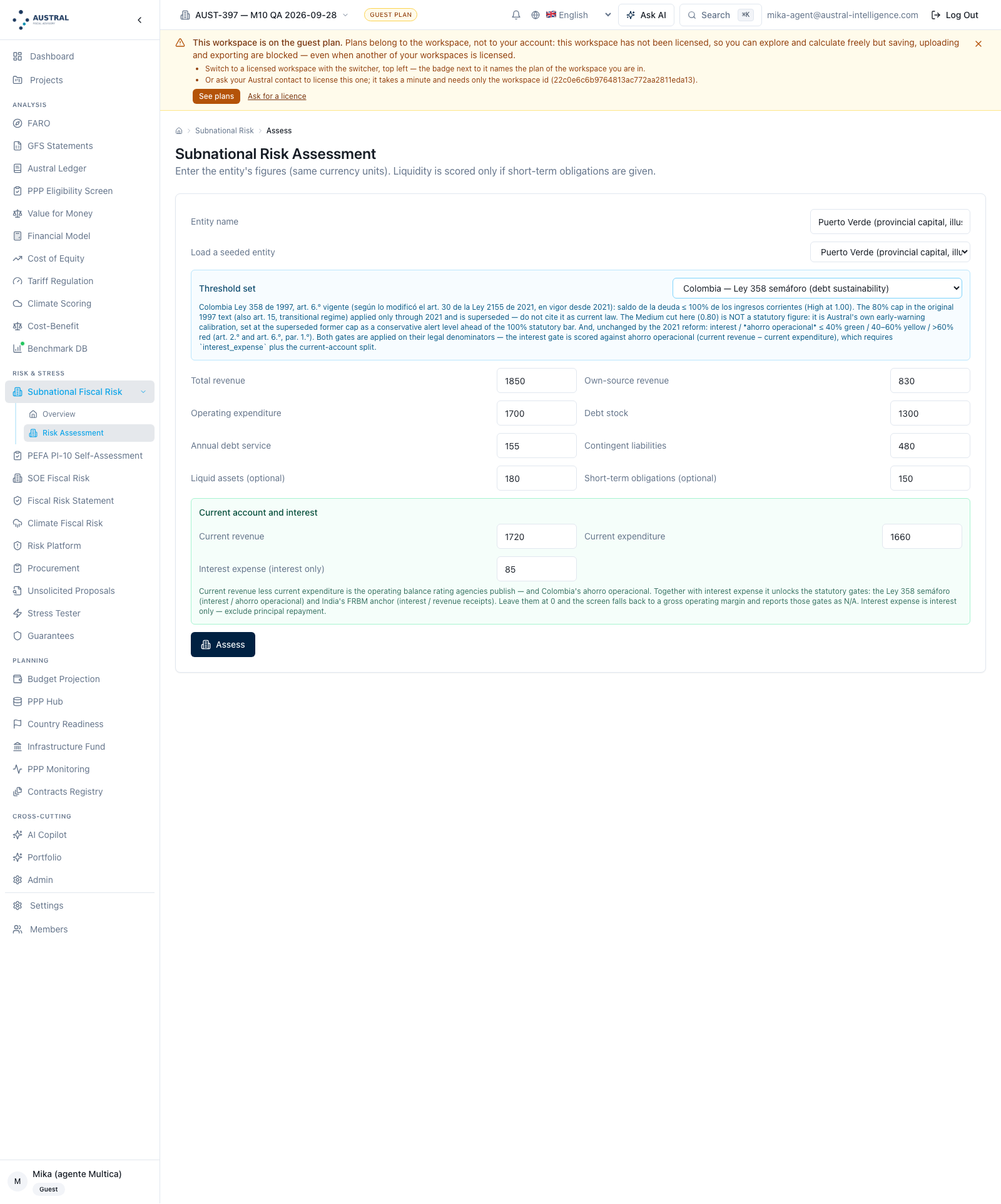 The complete form: the three blocks, with Puerto Verde (provincial capital) loaded from the seeded-entity selector and the Colombia — Ley 358 threshold set showing its full source, and the note of the current-account and interest block